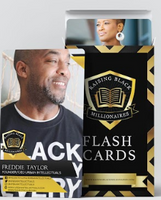 Image of the front of Freddie Taylor's flashcard with their company name, website, and social media handles. Second image is of the flashcards box with Nicole Brown's flashcard sticking out the top of the opened box. 